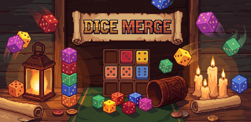 Dice Merge key art: colourful pixel-art dice and the Dice Merge scroll on a candle-lit wooden table.