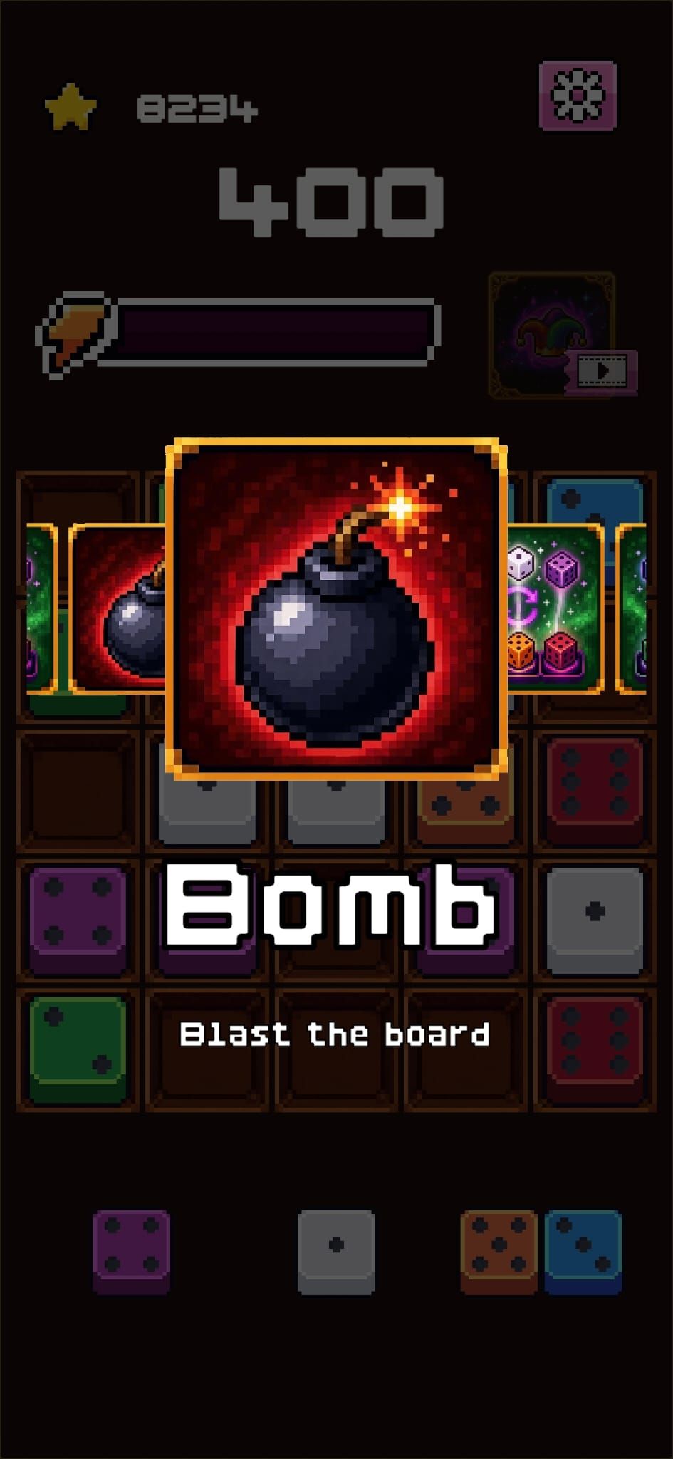 The Bomb joker card with the caption “Blast the board”.