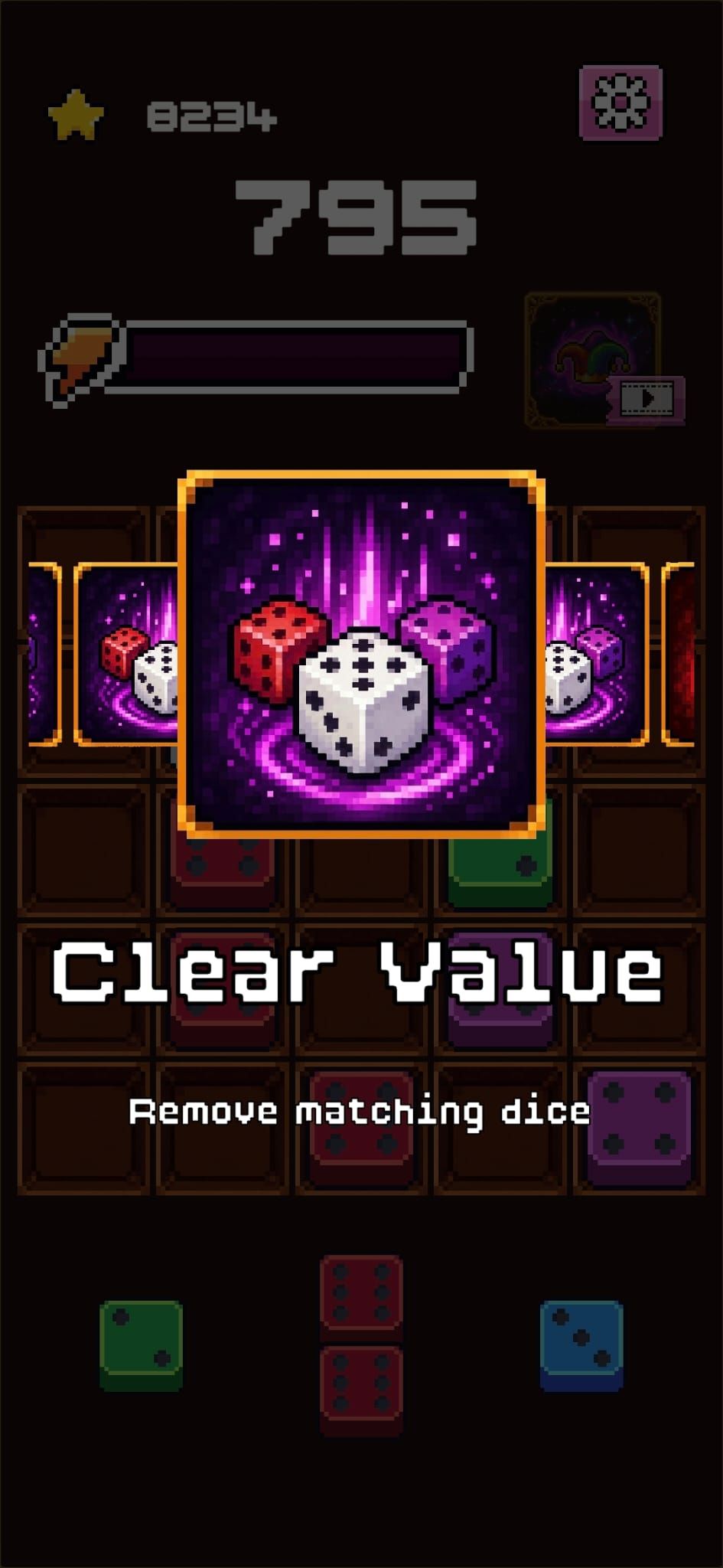 The Clear Value joker card with the caption “Remove matching dice”.