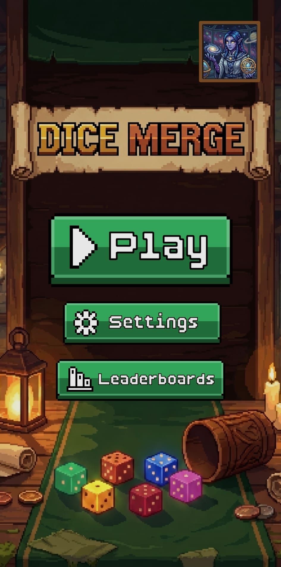 Dice Merge main menu with Play, Settings and Leaderboards buttons.