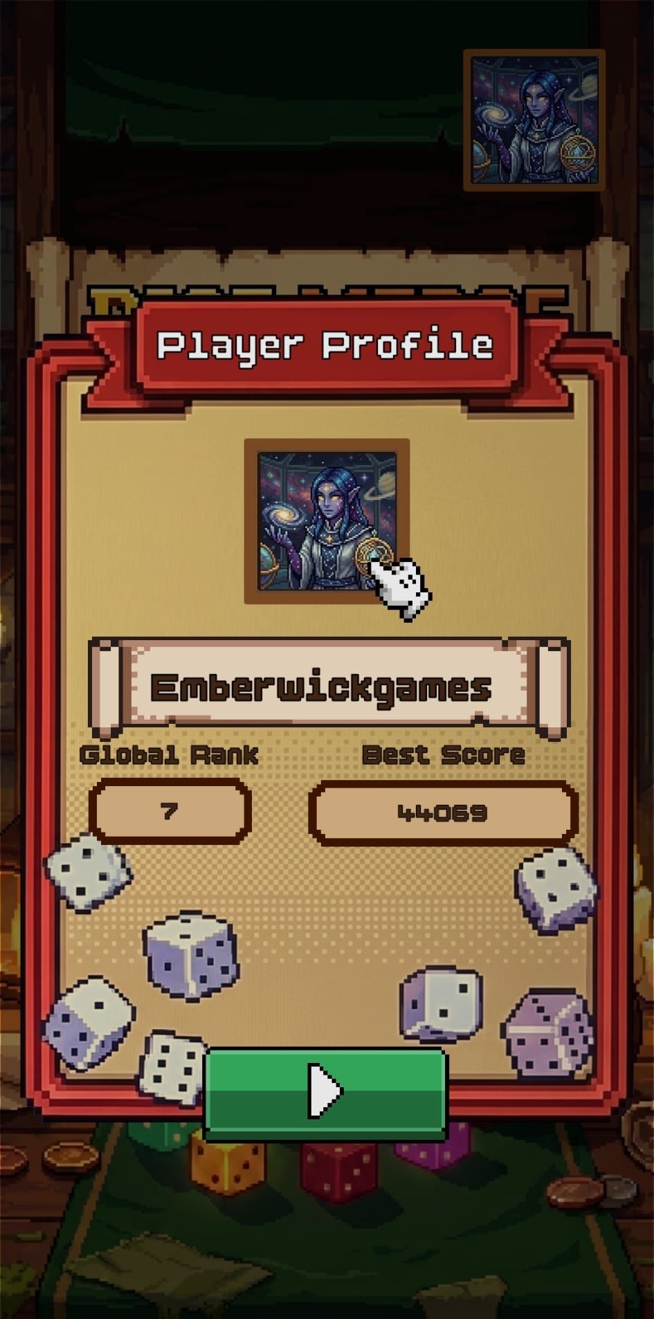 Player Profile panel showing an avatar, global rank and best score.