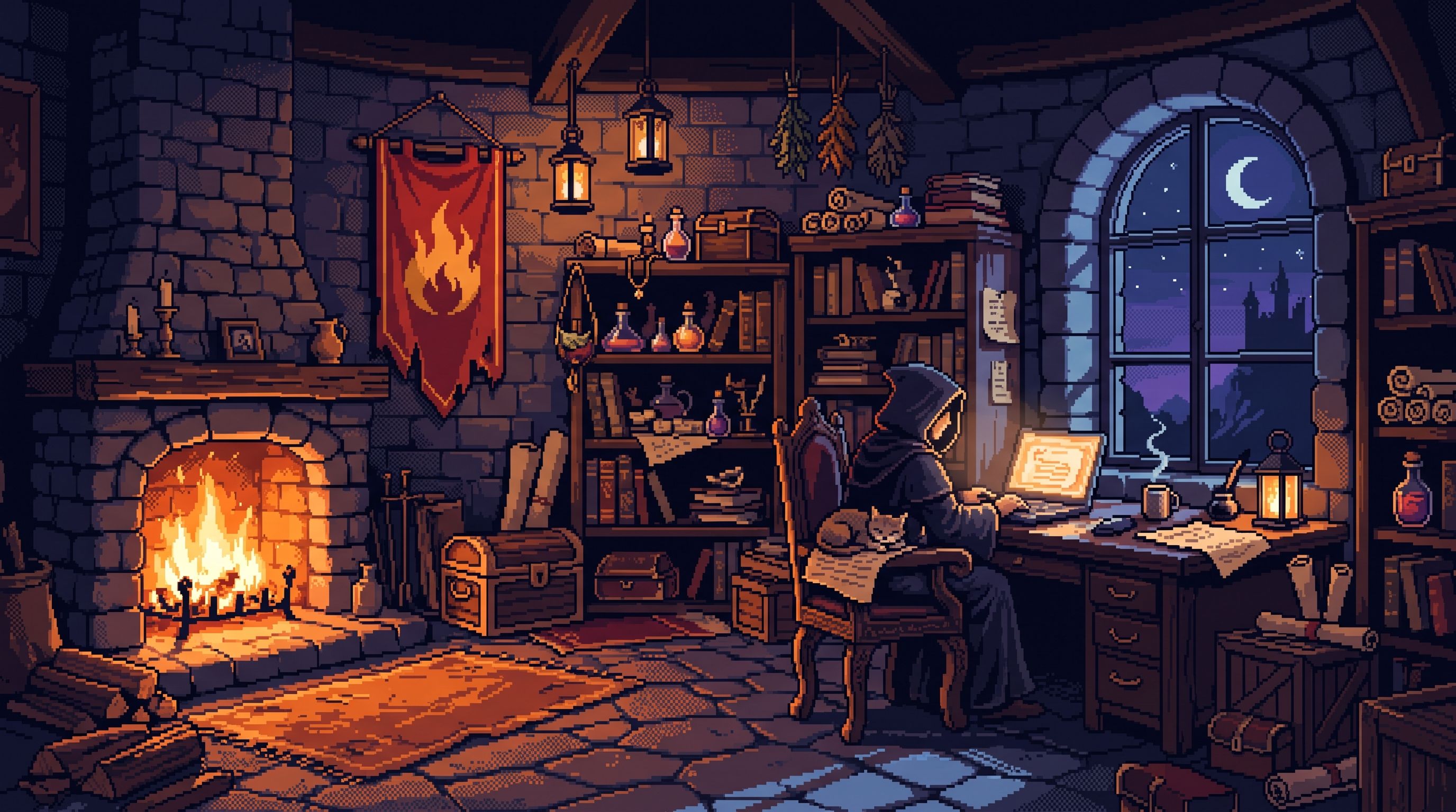 Pixel-art studio at night: a hooded developer works on a laptop by the window, a cat asleep on the chair, a fireplace crackling behind.